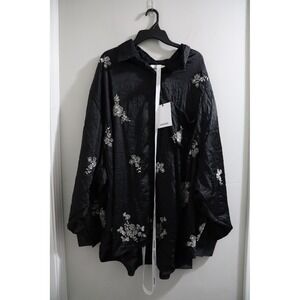 Arrange Black Crinkle Satin Beaded Floral Oversized Button Down SHIRT Plus 24